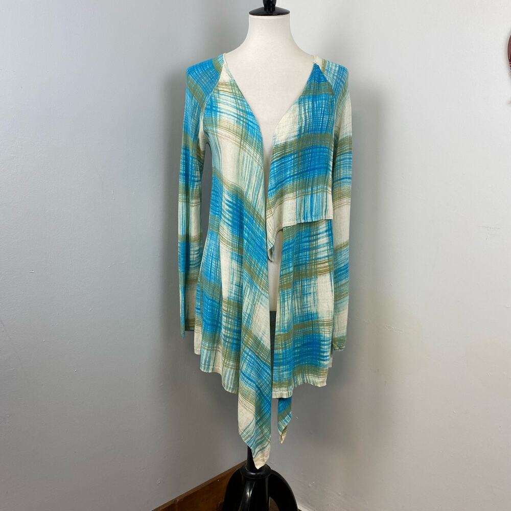 Anthropologie Sparrow Revolution Blue Plaid Sharkbite Open Cardigan Small